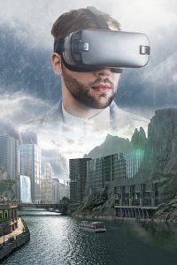 fantasy, virtual reality, vr, metaverse, vr glasses, man, sky, clouds, networks, city, nature, futuristic city, sci - fi, scifi, technology, atmosphere, composing, book cover, photoshop